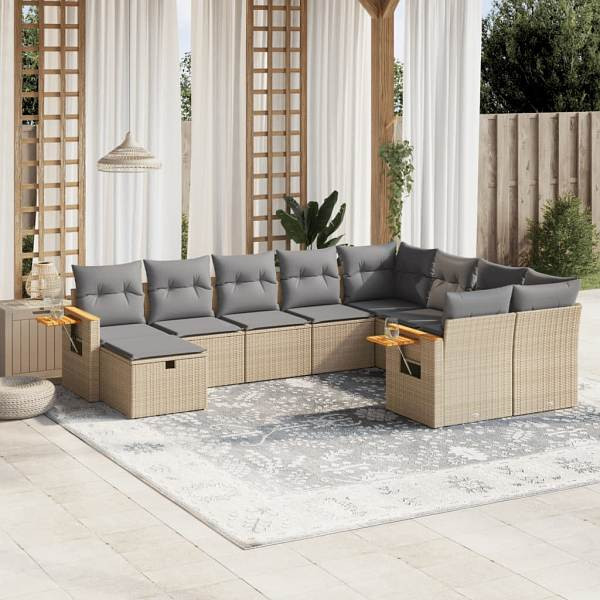 vidaXL 10-tlg. Garten-Sofagarnitur mit Kissen Beige Poly Rattan, UV-beständig, 3259560