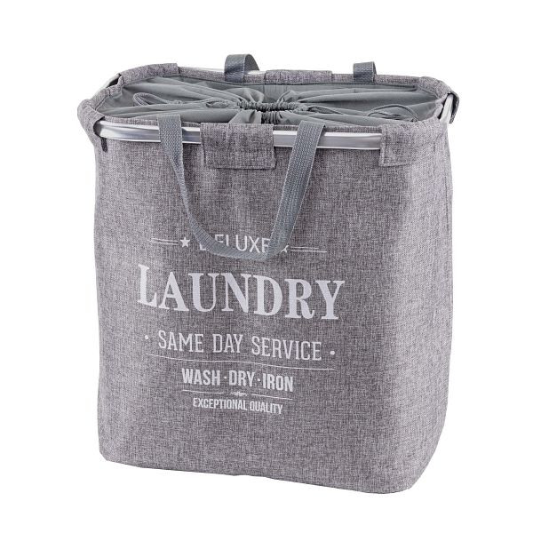 Mendler Wäschesammler HWC-C34, Laundry Wäschekorb Wäschebehälter mit Kordelzug, 2 Fächer Henkel 54x52x32cm 89l, grau, 67804