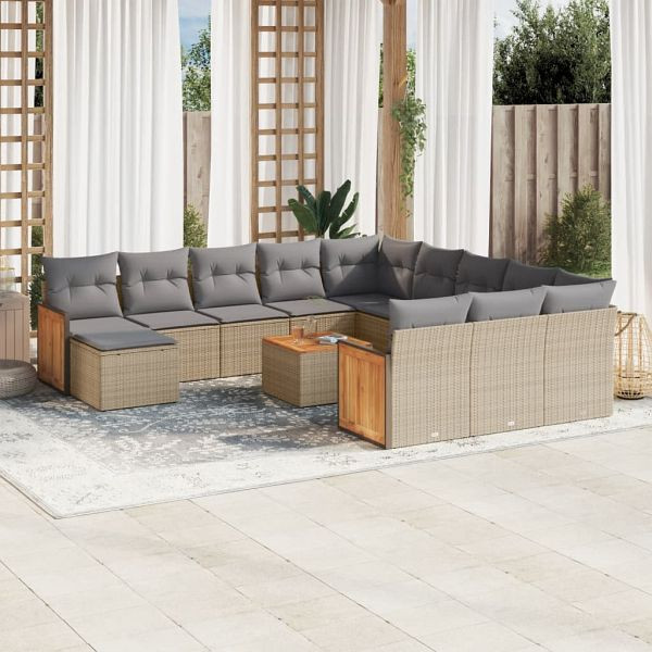 vidaXL 13-teilig Garten-Sofagarnitur mit Kissen Beige Poly Rattan, 3228271