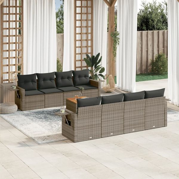vidaXL 9-teilig Garten-Sofagarnitur mit Kissen Grau Poly Rattan, 3256816