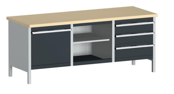 bott cubio Kastenwerkbank mit 4 Schubladen Türe, 2 Ablagen, Multiplex-Arbeitsplatte BxTxH: 2000 x 750 x 840 mm, RAL 7035/7016, 41002058.19V
