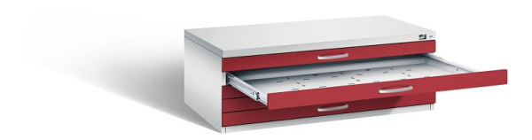 C+P Flachablageschrank Serie 7100_7200, H420xB1100xT765mm, Farbe: Lichtgrau / Rubinrot, Bügelgriff, 7100-000 S10119