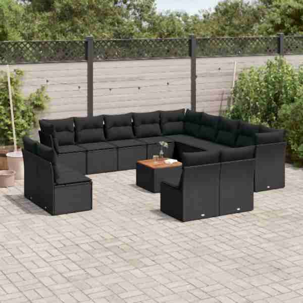 vidaXL 14-tlg. Garten-Sofagarnitur mit Kissen Schwarz Poly Rattan, UV-beständig, 3223934