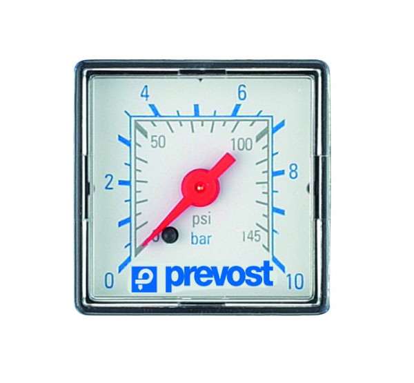 Prevost Manometer, quadratisch 40x40 mm waagrecht, Skalenteilung= 0 - 4, Befestigung AG BSPP= G 1/8 , Werkstoff= Plexiglas-Skala, MT CA0440