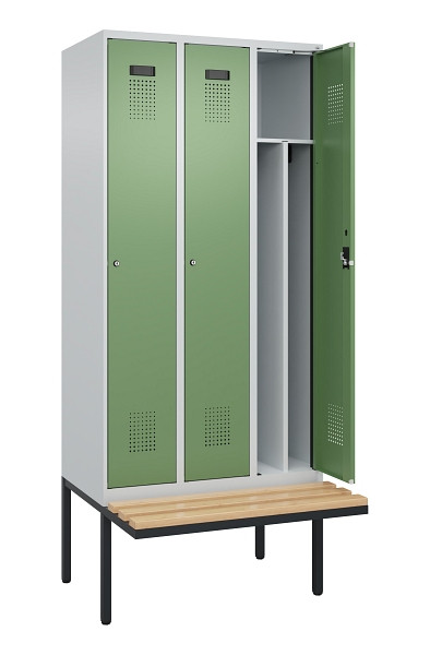 C+P Spind Evolo PLUS, 3 Abteile, 2120x900x815mm, 7035/6011, Haken 4, Zylinderschloss, Sitzfläche Holz, 0490407-30F S10037