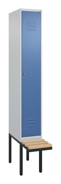 C+P Umkleidespind Classic PLUS, 2120x300x815mm, 7035/5023, Zylinderschloss, Buche-Sitzleisten, je 2 Doppel-Haken, 0800407-10F S10049