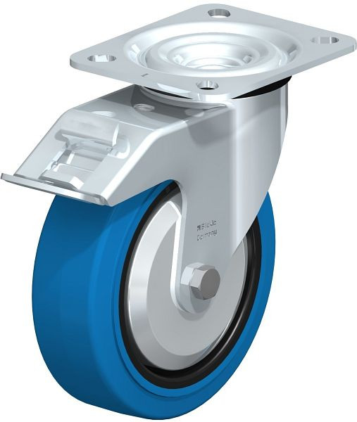 Blickle L-POEV 125KD-FI-SB-FA Stahlblech-Lenkrolle, mittelschwere Ausführung, mit Anschraubplatte & Feststeller, Elastik-Vollgummi, Blau, 850569