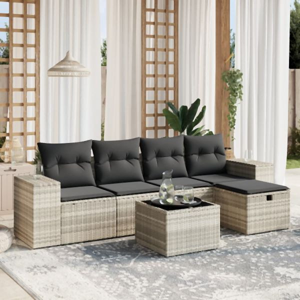 vidaXL 6-tlg. Garten-Sofagarnitur mit Kissen Hellgrau Poly Rattan, 3264408