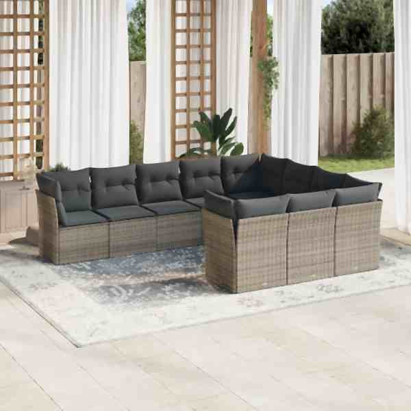 vidaXL 10-tlg. Garten-Sofagarnitur mit Kissen Grau Poly Rattan, UV-beständig, 3218220