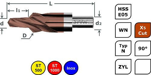 SPPW Kurzstufenbohrer HSS-E05+X5Cut 90° L: 45x6 Ø2,2x4,6 - M2, 1234070200