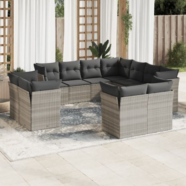 vidaXL 11-tlg. Garten-Sofagarnitur mit Kissen Hellgrau Poly Rattan, 3250351