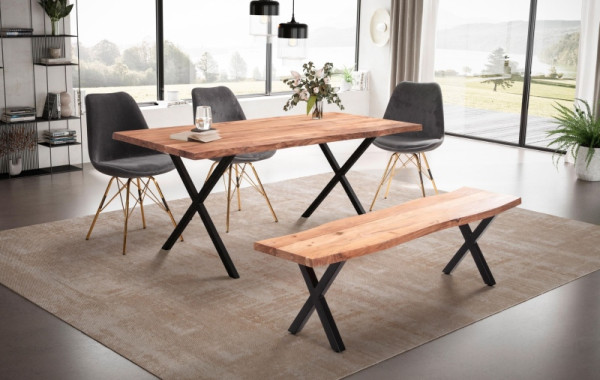 Wohnling Esszimmertisch 140x80x76 cm Akazie Massivholz/Metall Esstisch Baumkante, Küchentisch mit X-Beinen in Schwarz, Holztisch Rechteckig, WL7.252