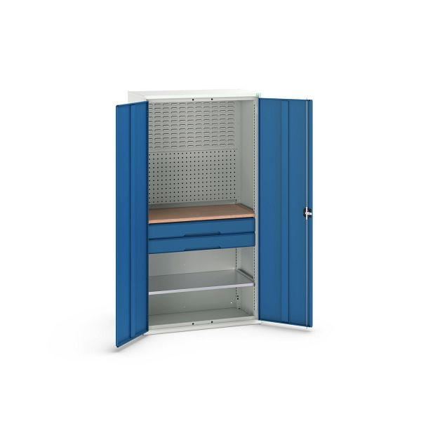 bott verso Flügeltürschrank mit 2 Schubladen, mit 2 Fachböden und Rückwand, BxTxH: 1050 x550 x 2000 mm, Lichtgrau / Enzianblau, 16926571.11