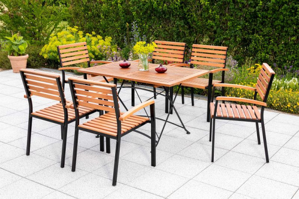 Merxx Schlossgarten Set 7-teilig, 6 Schlossgarten Stapelsessel, 1 Klapptisch, 120 x 80 cm, Flachstahl mit FSC Eukalyptusbelattung, 50155-217
