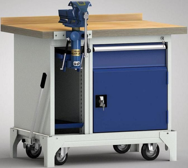 KLW Fahrbare Profi-Werkbank - 1000 x 700 x 871 mm L x B x H, links Schraubstockschrank, rechts 150EA/Türe, WP795N-1000M45-E7038