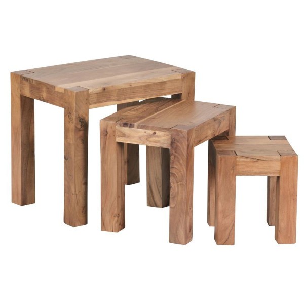 Wohnling 3er Set Satztisch MUMBAI Massivholz Akazie Landhaus-Stil dunkelbraun Naturholz, WL1.444