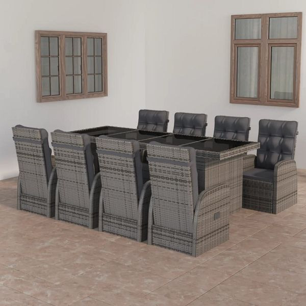 vidaXL 9-teilig Garten-Essgruppe mit Kissen Poly Rattan Grau, 3059340