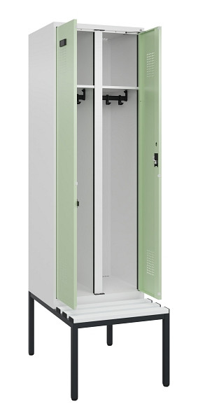C+P Schwarz-Weiß-Spind Evolo PLUS, Bank, 2 Abteile, 2120x600x815mm, 9016/6019, Zylinderschloss, Sitzfläche Kunststoff, Sitzbank, 0490527-20 S10099