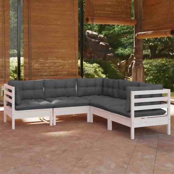 vidaXL 5-tlg. Garten-Lounge-Set mit Kissen Weiß Kiefer Massivholz, 3096672