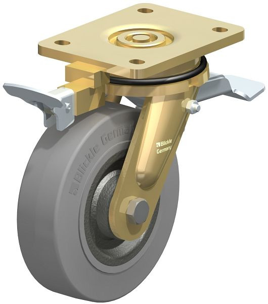 Blickle LS-SE 160K-ST-SG-RI4 Stahlgeschweißte Schwerlast-Lenkrolle, schwere Drehkranz-Ausführung mit Feststeller, Elastik-Vollgummi, Grau, 852118