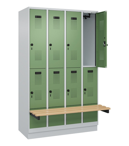 C+P Doppelstock-Spind Evolo PLUS, Bank, 8 Fächer, 1950x1200x815mm, 7035/6011, Drehriegel, Sitzfläche Buche-Hartholz, mit Sockel, 049340-40 S10010