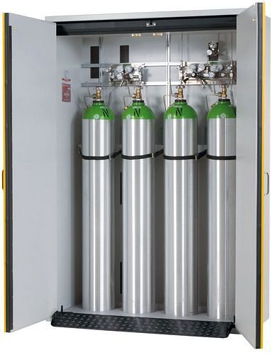 asecos Gasflaschenschrank feuerbeständig G30, 4x50 l Flaschen, B 1400 mm, 2-flügelige Tür, grau/gelb, 144522