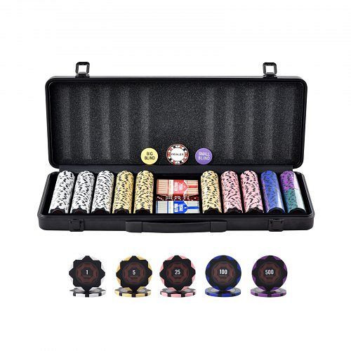 VEVOR Pokerchip-Set, 500-teiliges, Clay Komplettes mit ABS-Pokerkoffer, Karten, Knöpfe und Würfel, Komplett Set, PKCMTZCLAY50H2LS7V0
