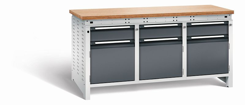 Otto Kind Werkbank Serie function Typ 309, Multiplexplatte 40 mm, bündig, 2x Unterbau + mittleres Feld, Gehäuse RAL 7035, Front RAL 7016, 072364149