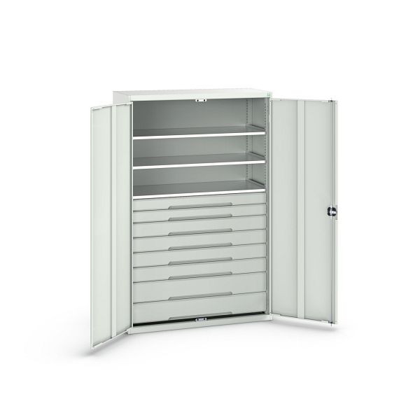 bott verso Flügeltürschrank mit Schubladen, mit 3 Fachböden und 8 Schubladen, BxTxH: 1300 x 550 x 2000 mm, Lichtgrau / Lichtgrau, 16926657.16