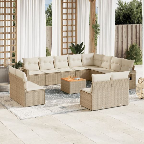 vidaXL 13-teilig Garten-Sofagarnitur mit Kissen Beige Poly Rattan, 3257143