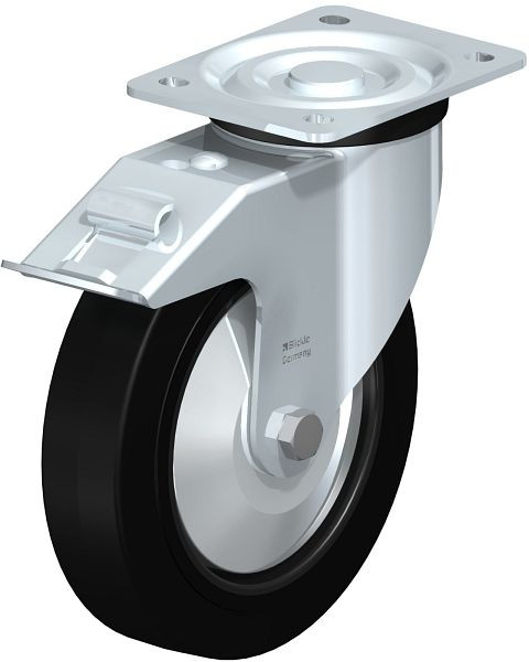 Blickle L-POEV 200XR-FI-FA Stahlblech-Lenkrolle, mittelschwere Ausführung, mit Anschraubplatte & Feststeller, Elastik-Vollgummi, Schwarz, 850724