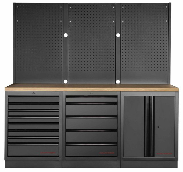 Kraftwerk MOBILIO BLACK EDITION 3er Kombi, 13 Schubladen, 1 Schrank, Vierkant-Lochwand, Arbeitsplatte Buche Multiplex, 3964K-BLK-006