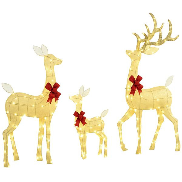 Outsunny Rentierfamilie mit roten Schleifen, 283 LEDs, Weihnachtsbeleuchtung, wetterfest, Silber, 84J-010V90SR