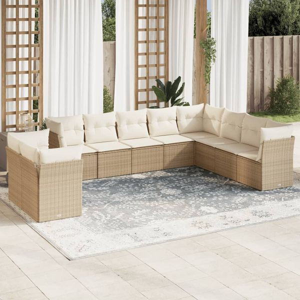 vidaXL 10-tlg. Garten-Sofagarnitur mit Kissen Beige Poly Rattan, 3217858