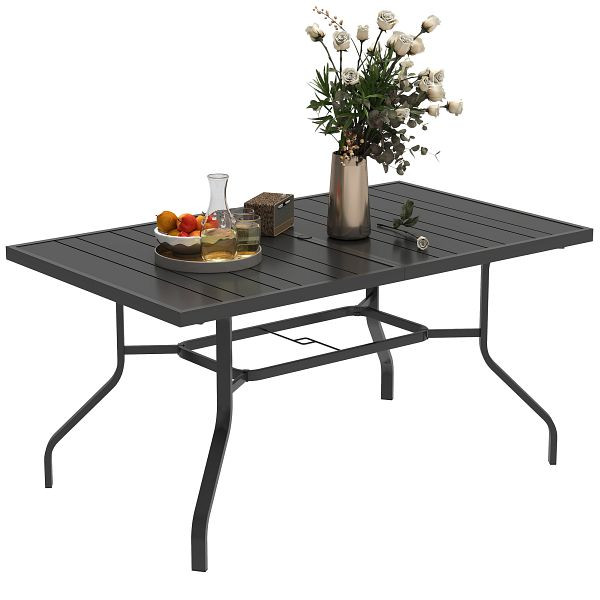 Outsunny Gartentisch 152x90 cm, Wetterfest Balkontisch aus Stahl, Beistelltisch mit Schirmloch, Latten-Design Schwarz, 84G-719V00BK