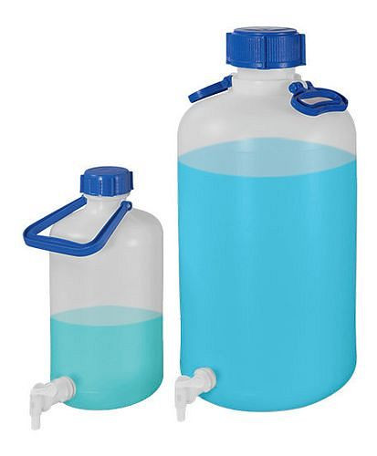 DENIOS Weithalsflaschen aus PE-HD, Auslaufhahn, 2 Tragebügel, 50 Liter, 281919