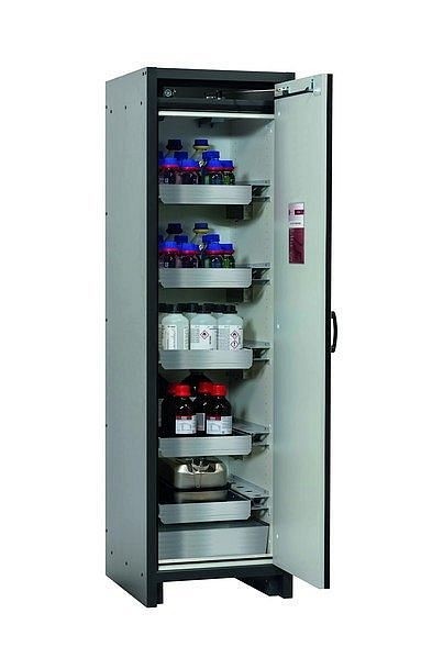 asecos Sicherheitsschrank Q-CLASSIC-30, Q30.195.056.R in lichtgrau RAL 7035 mit 4x Auszugswanne Standard (Edelstahl), 31007-061-33428