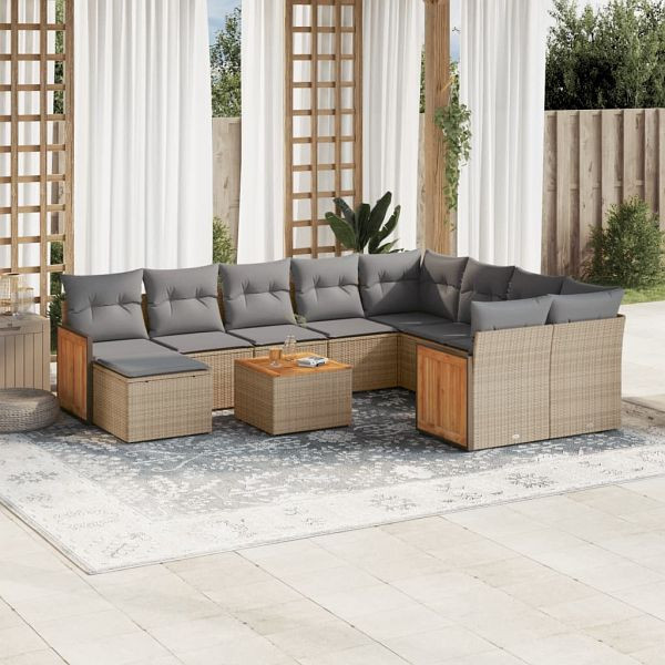 vidaXL 11-teilig Garten-Sofagarnitur mit Kissen Beige Poly Rattan, 3260645
