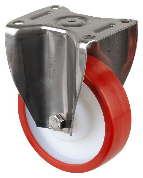 BS Rollen Edelstahl-Schwerlastrolle Bockrolle, Edelstahl, Gleitlager Polyurethanrad rot, Anschraubplatte 150 mm,Tragfähigkeit 600 kg, HS110.B27.150