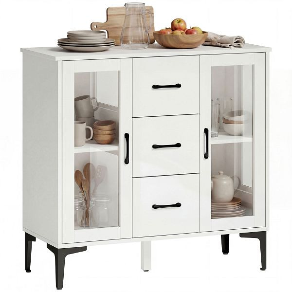 HOMCOM Modernes Sideboard mit Soft-Close-Türen, Buffetschrank mit 3 Schubladen, 2 Glastüren, verstellbare Regale, MDF, Weiß, 83A-369V90WT