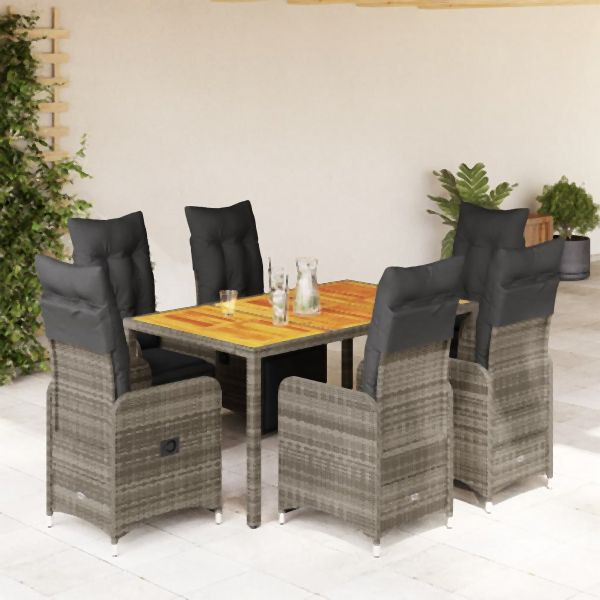 vidaXL 7-tlg. Garten-Bistro-Set mit Kissen Grau Poly Rattan, 3277160