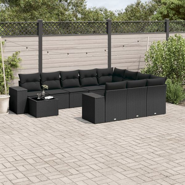 vidaXL 11-teilig Garten-Sofagarnitur mit Kissen Schwarz Poly Rattan, 3255462