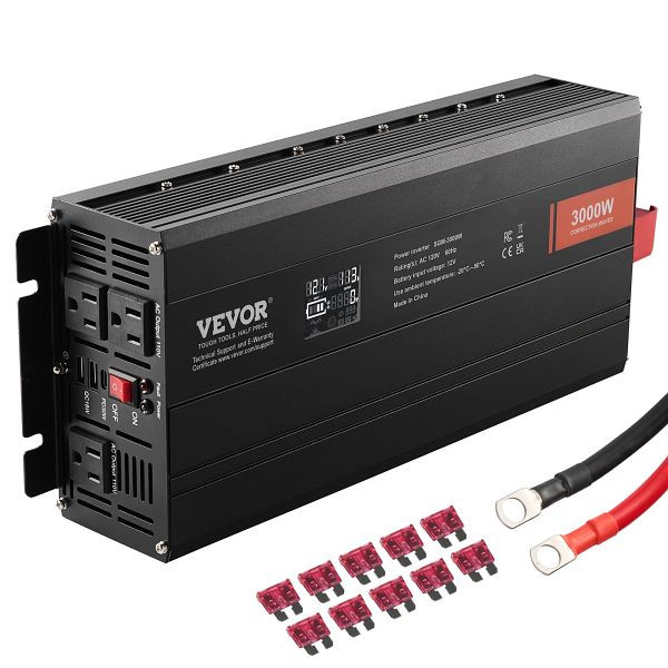 VEVOR Sinus-Wechselrichter 3000 W DC 12 V AC 230 V LCD-Display mit 3 AC-Steckdosen 2 USB-Anschlüssen 1 Typ-C-Anschluss, XZXNBQ3000WX61GMMV2