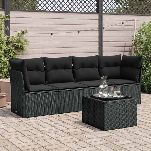 vidaXL 5-teilig Garten-Sofagarnitur mit Kissen Schwarz Poly Rattan, 3249074