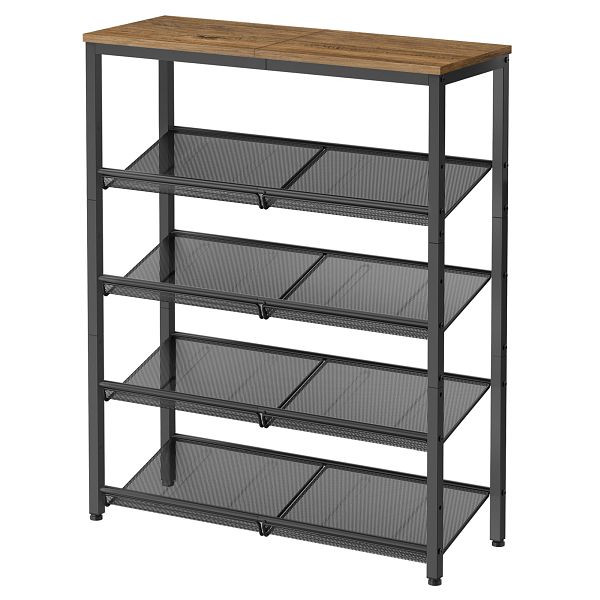 VASAGLE Schuhregal, 5-stöckige Schuhaufbewahrung mit Regalen und großem Decke, verstellbare Netzregale, Honigbraun und Schwarz, LBS038K01