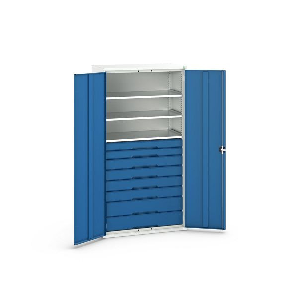 bott verso Flügeltürschrank mit Schubladen, mit 3 Fachböden und 8 Schubladen, BxTxH: 1050 x550 x 2000 mm, Lichtgrau / Enzianblau, 16926577.11
