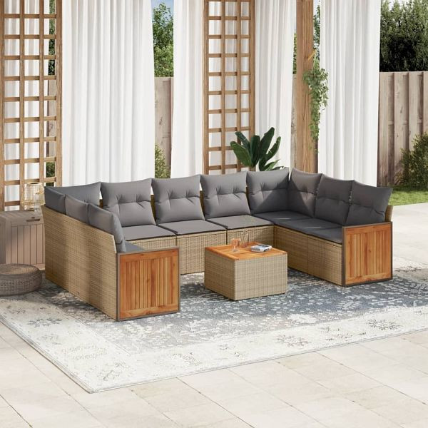 vidaXL 10-tlg. Garten-Sofagarnitur mit Kissen Beige Poly Rattan, 3227963