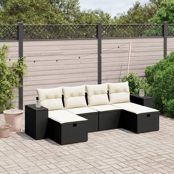 vidaXL 6-teilig Garten-Sofagarnitur mit Kissen Schwarz Poly Rattan, 3264472
