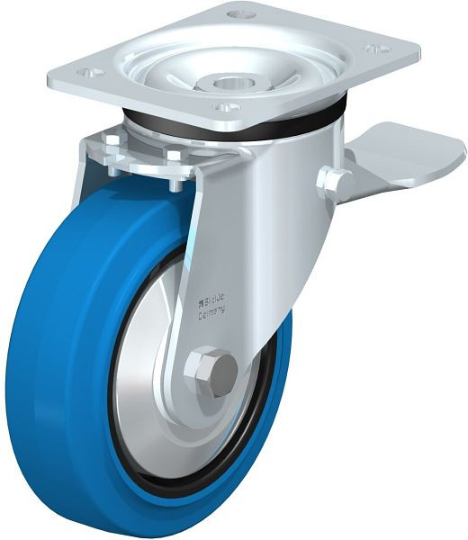 Blickle LK-POEV 160KD-ST-SB-FA Stahlblech-Lenkrolle, schwere Ausführung, mit Anschraubplatte & Feststeller, Elastik-Vollgummi, Blau, 851223