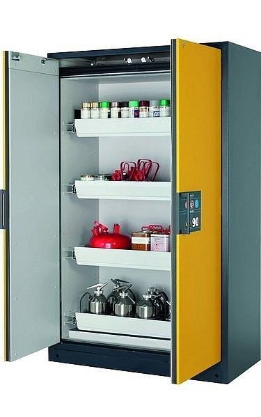 asecos Sicherheitsschrank Q-CLASSIC-90, Q90.195.120 in sicherheitsgelb RAL 1004 mit 4x Auszugswanne Standard (Stahlblech), 30001-040-30015